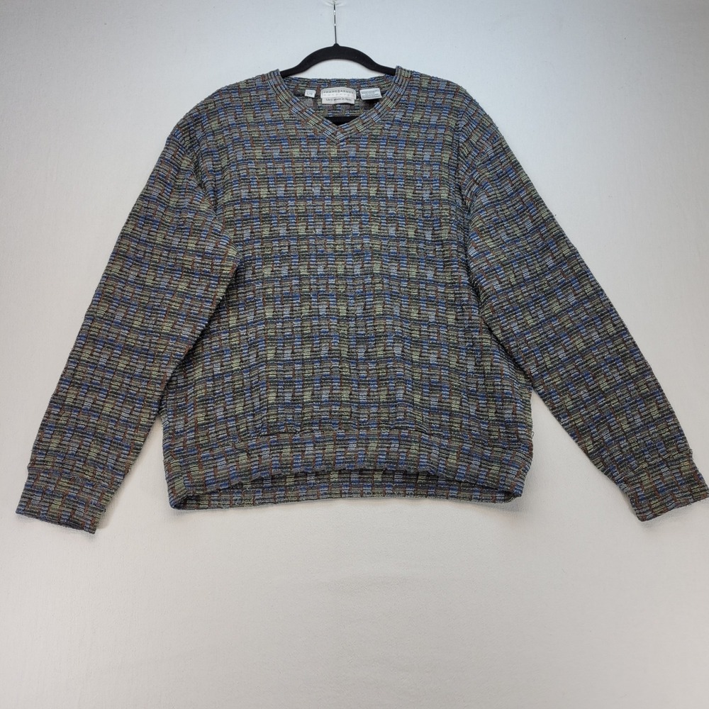 Jhane‎ Barnes Sweater Mens Large Blue Green Textured V-Neck Woven Japan